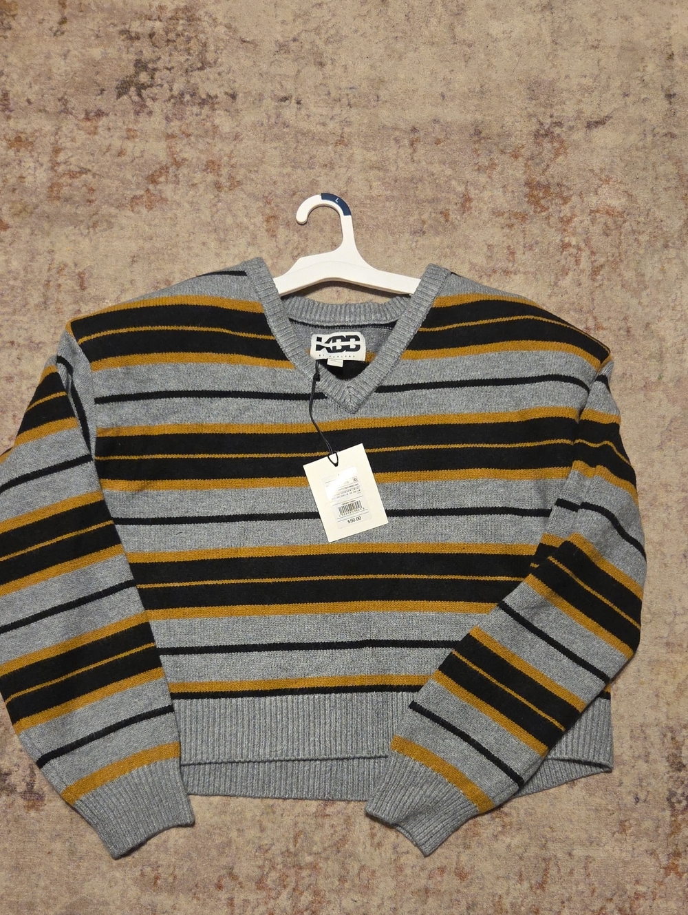 KBB By Kaahlana Women's V-Neck Striped Sweater in Gray, Black and Mustard